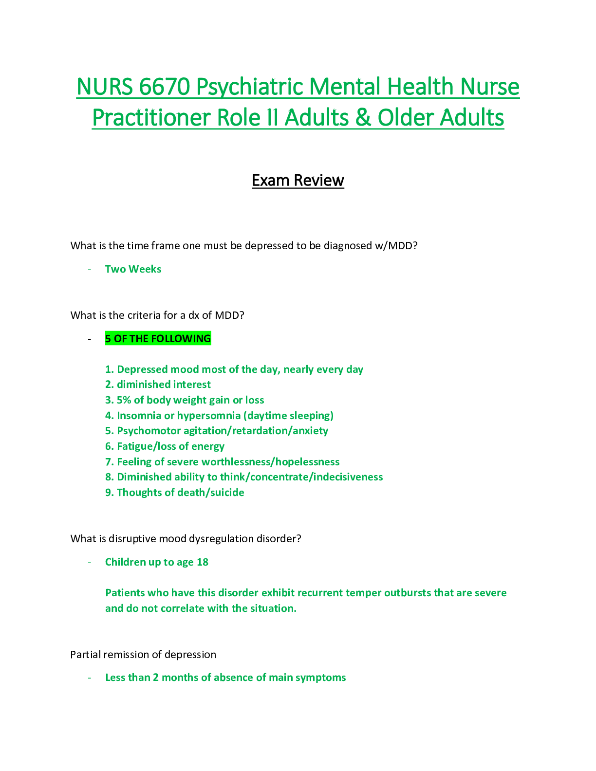 Preview of NURS 6670 / NURS6670 Exam Review (Latest): Psychiatric Mental Health Nurse Practitioner (P